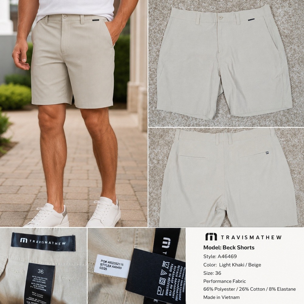TravisMathew Shorts Tan Micro Stripe Performance Stretch‎ Golf Casual 36